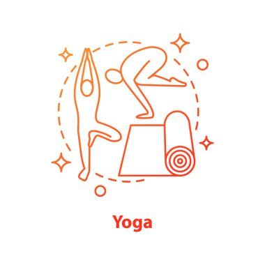 Yoga kavramı simge. Jimnastik fikir ince hat illüstrasyon. Spor eğitim. Aktif yaşam tarzı. Çizim vektör izole anahat
