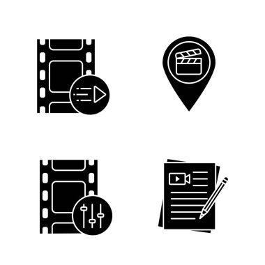 Film endüstrisi glif simgeler kümesi. Hareket grafikleri, film mekanlar, ses mikseri, film komut dosyaları. Siluet simgeler. İzole vektör çizim