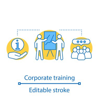 Kurumsal eğitim kavramı simge. Sunu. İş eğitim fikir ince hat illüstrasyon. Koçluk. Konferans, seminer. İzole anahat çizim vektör. Düzenlenebilir kontur