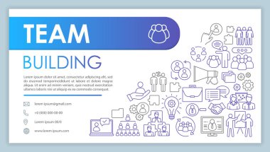 Ekip reklam web afiş vektör şablonu oluşturma. Takım çalışması ve ortaklık. Web sitesi iletişim sayfası. Ağ, coworking. Kartvizit düzeni ile doğrusal kutsal kişilerin resmi. Web sayfası şablonu. Baskı tasarımı fikir