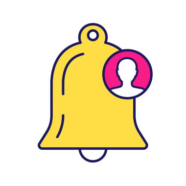 Müşteri bildirim renk simgesi. İstemci hatırlatma. Özel Kampanyalar ve yeni ürünler, hizmetler istemci duyuru. Bell Kullanıcı işareti ile. İzole vektör çizim