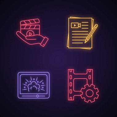 Film endüstrisi neon ışık Icons set. Film açıklaması, senaryo yazma, görsel efektleri, video ayarları. Parlayan işaretler. İzole vektör çizimler