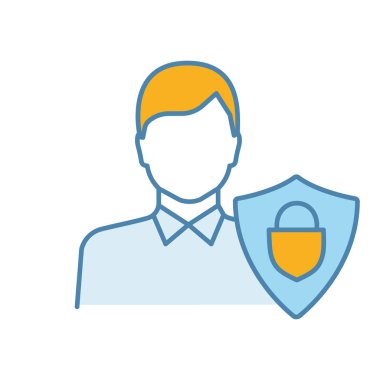 Müşteriler koruma renk simgesi. Tüketici hakları. Güvenli müşteri hizmetleri. Kullanıcı ve kalkan. Müşteri Hizmetleri. Kullanıcılar koruma. İzole vektör çizim