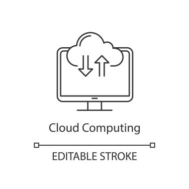 Bulut bilgi işlem doğrusal simgesi. Internet veri depolama. İnce hat illüstrasyon. Dosya paylaşım hizmeti. Bulut web depolama. Baðlamanýz gerekebilir. İndirin ve yükleyin. İzole anahat çizim vektör. Düzenlenebilir kontur