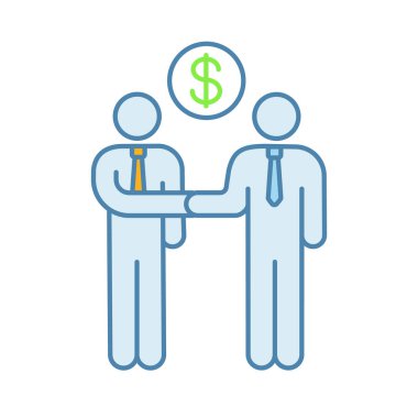 İş anlaşma renk simgesi. Ortaklar. Yatırımcılar toplantı. Ortaklık. İşadamları el sıkışma ve dolar işareti. Anlaşma, sözleşme. İzole vektör çizim