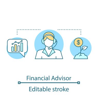Mali müşavir kavramı simge. Broker fikir ince hat illüstrasyon. Finansal hizmet. Pazar analisti. Pazarlamacı. Çağrı merkezi operatörü. İzole anahat çizim vektör. Düzenlenebilir kontur