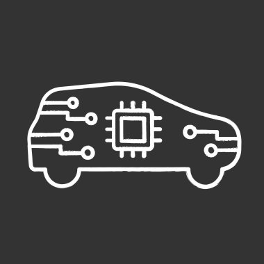 AI arabaya yan görünüm tebeşir simgesi. İçinde çip ile özerk araba. Acımak auto. Zeki auto. Kendini işlemci ile otomobil sürüş. Sürücüsüz araç. İzole vektör kara tahta çizim