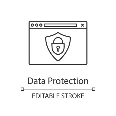 Veri koruma doğrusal simgesi. Güvenli internet bağlantısı. Internet, siber güvenlik. Veri şifreleme. Asma kilit ve kalkan. Güvenli web hosting. Kontur vektör izole anahat çizim. Düzenlenebilir kontur