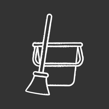 Kova ve süpürge tebeşir simgesi. Süpürme. Zemin Temizleme. İzole vektör kara tahta çizim