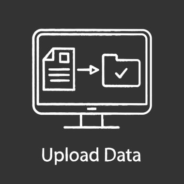 Veri karşıya yükleme tebeşir simgesi. Dosya aktarımı. Web depolama. Dijital veri depolama. İzole vektör kara tahta çizim