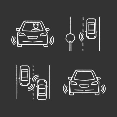 Özerk araba tebeşir Icons set. Sensörler, otomatik yol işaretleri ve diğer binek aracı tespit kendi kendine sürüş. İzole vektör kara tahta çizimler