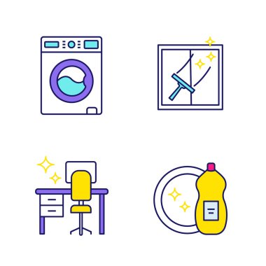 Temizlik hizmeti renk simgelerini ayarlayın. Çamaşır makinesi, pencere Temizleme, derli toplu tablo, bulaşık deterjanı. İzole vektör çizimler