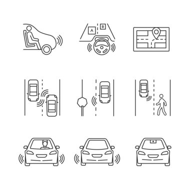 Özerk araba doğrusal Icons set. Kendi kendine sürüş otomobil. Sensörler, video kamera yol işaretleri, yayalar, diğer araç tespit. İnce çizgi kontur sembolleri. İzole vektörel çizimler. Düzenlenebilir kontur
