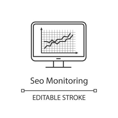 Web sitesi sıralaması doğrusal simge. SEO izleme. İnce hat illüstrasyon. SMM, Seo istatistikleri. Analytics pazarlama. Veri analizi. Sosyal medya analytics. İzole vektör çizim kontur. Düzenlenebilir kontur
