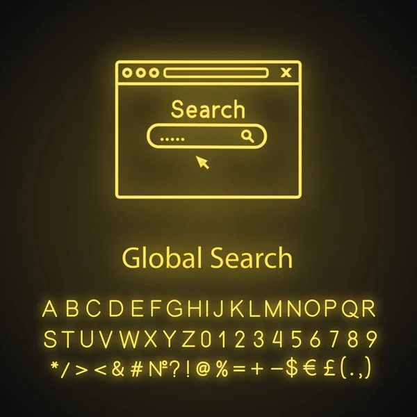 Moteur Recherche Web Néon Icône Lumière Système Mondial Recherche Page — Image vectorielle