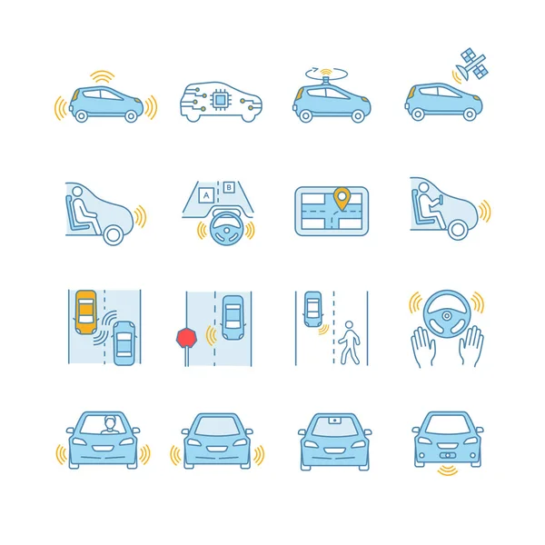 Autonomo Auto Colore Set Icone Intelligente Auto Rilevare Altri Veicoli — Vettoriale Stock