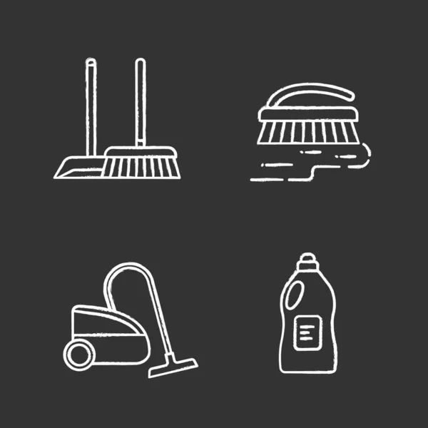 Servicio Limpieza Tiza Iconos Conjunto Escoba Cepillo Barrido Aspiradora Cepillo — Vector de stock