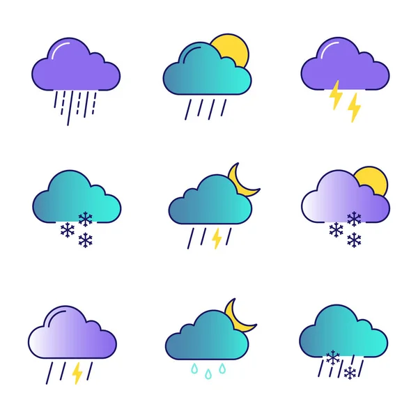 Pronóstico Del Tiempo Iconos Color Establecidos Tormenta Lluvia Aguanieve Lluvia — Vector de stock