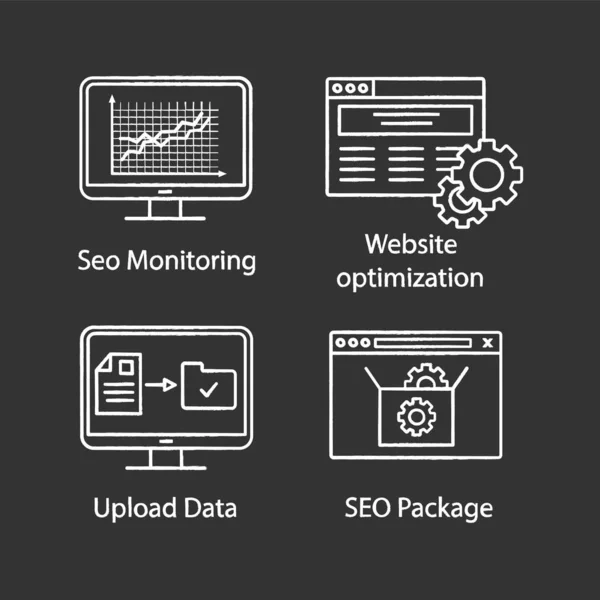 Icônes Craie Seo Ensemble Surveillance Trafic Optimisation Site Web Téléchargement — Image vectorielle