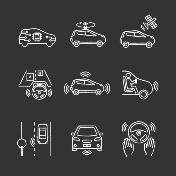 Автономний Набір Піктограм Крейди Автомобілів Автомобіль Lidar Супутникове Керування Датчики — стоковий вектор