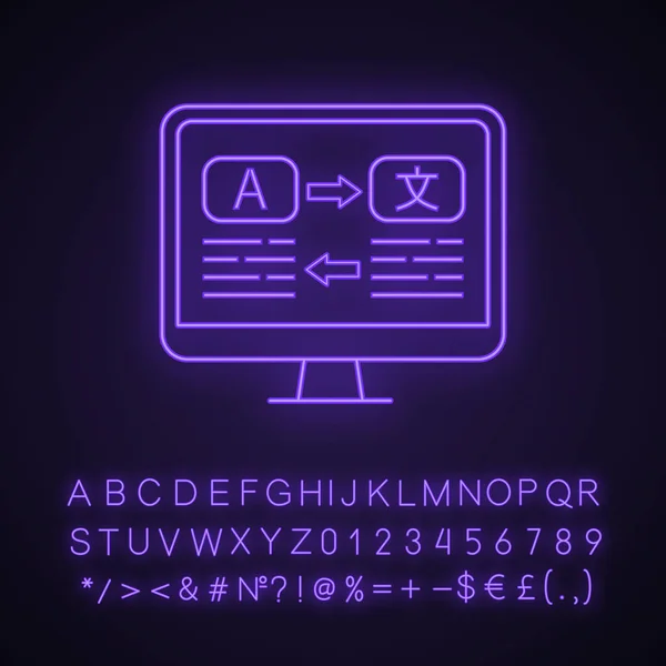 语言翻译霓虹灯图标 在线翻译 拼写检查 带有文本翻译应用程序的计算机屏幕 带有字母表 数字和符号的发光符号 向量被隔绝的例证 — 图库矢量图片