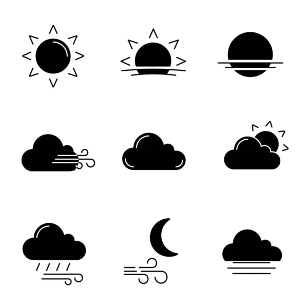 Previsioni Meteo Set Icone Glifo Sole Alba Tramonto Vento Nube — Vettoriale Stock