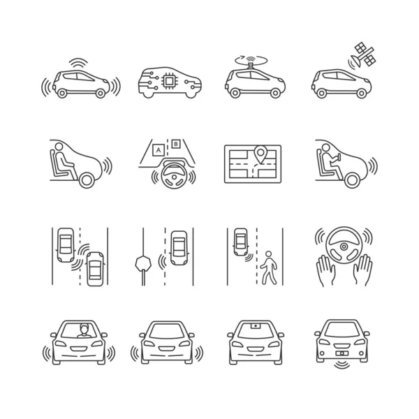 Αυτόνομο Αυτοκίνητο Γραμμική Εικόνες Set Έξυπνη Αυτόματη Ανίχνευση Άλλα Οχήματα — Διανυσματικό Αρχείο