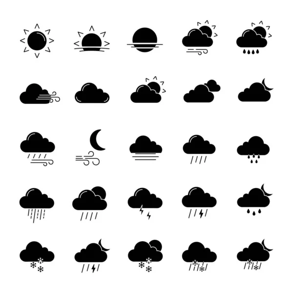 Previsioni Meteo Set Icone Glifo Neve Pioggia Nevischio Doccia Pioggerellina — Vettoriale Stock