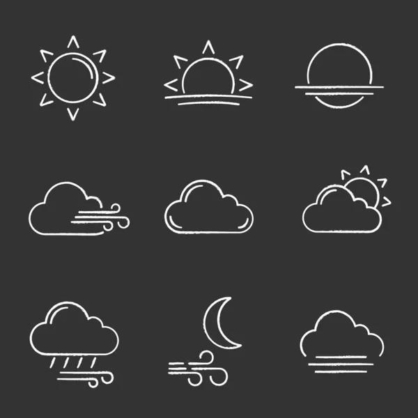 Wettervorhersage Kreide Symbole Gesetzt Sonne Sonnenaufgang Sonnenuntergang Wind Wolken Leicht — Stockvektor