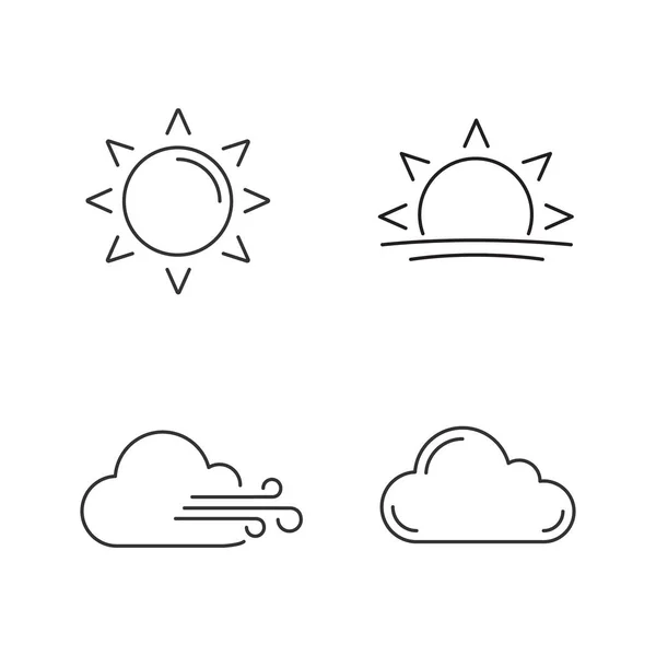 Hava Tahmini Doğrusal Icons Set Güneş Gündoğumu Günbatımı Bulutlu Rüzgarlı — Stok Vektör