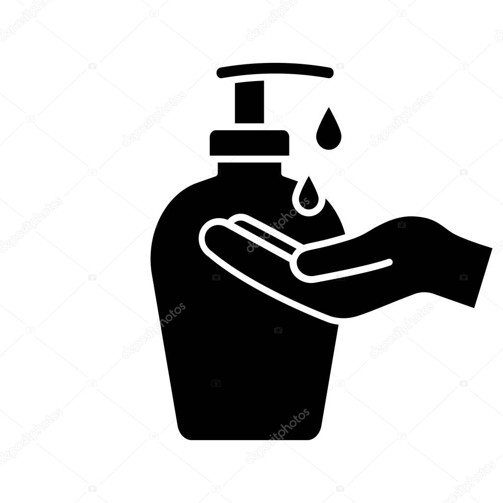 Hand soap glyph icon. Silhouette symbol. Liquid antibacterial soap. Hands disinfection. Negative space. Vector isolated illustration