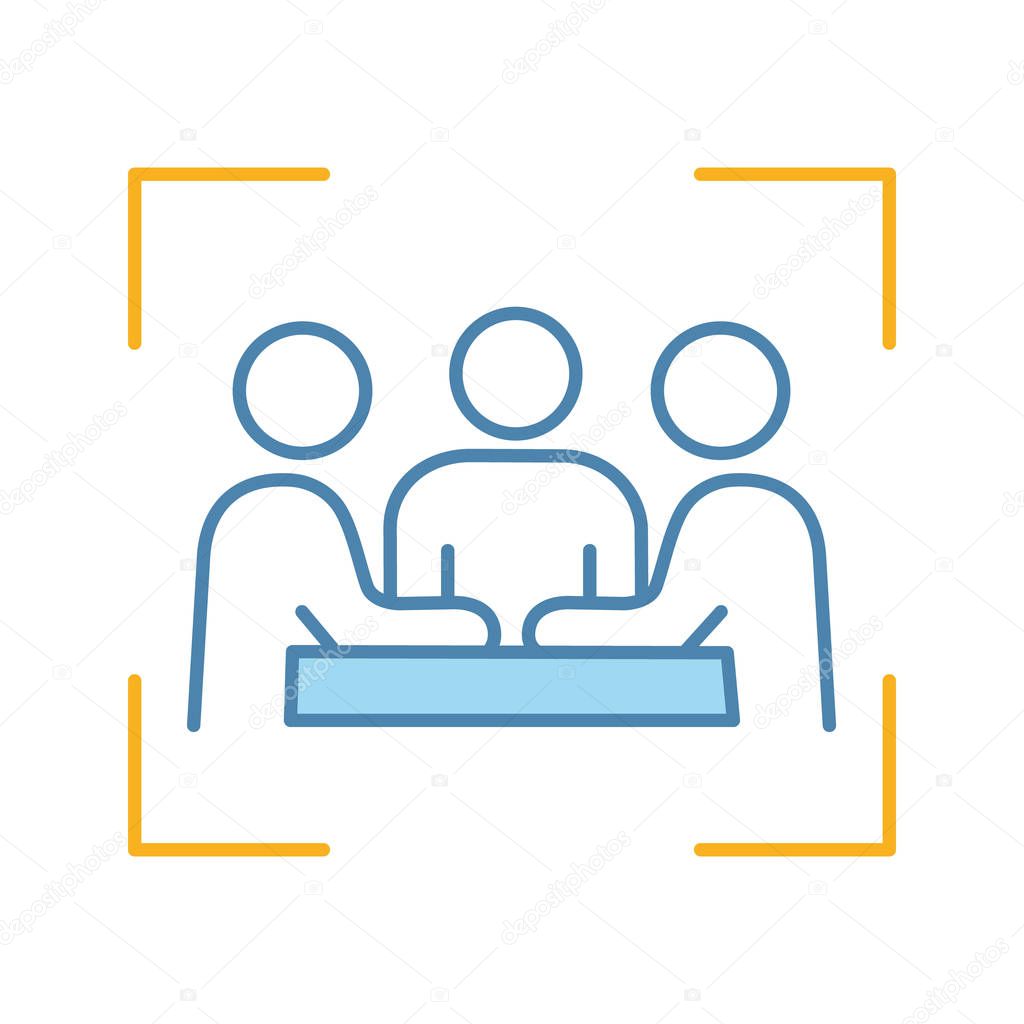 Partners, investors, businessmen color icon. Company meeting, conference. Friends, colleagues, coworkers, co-founders in focus frame. Board of directors. Friendship, partnership. Isolated vector illustration
