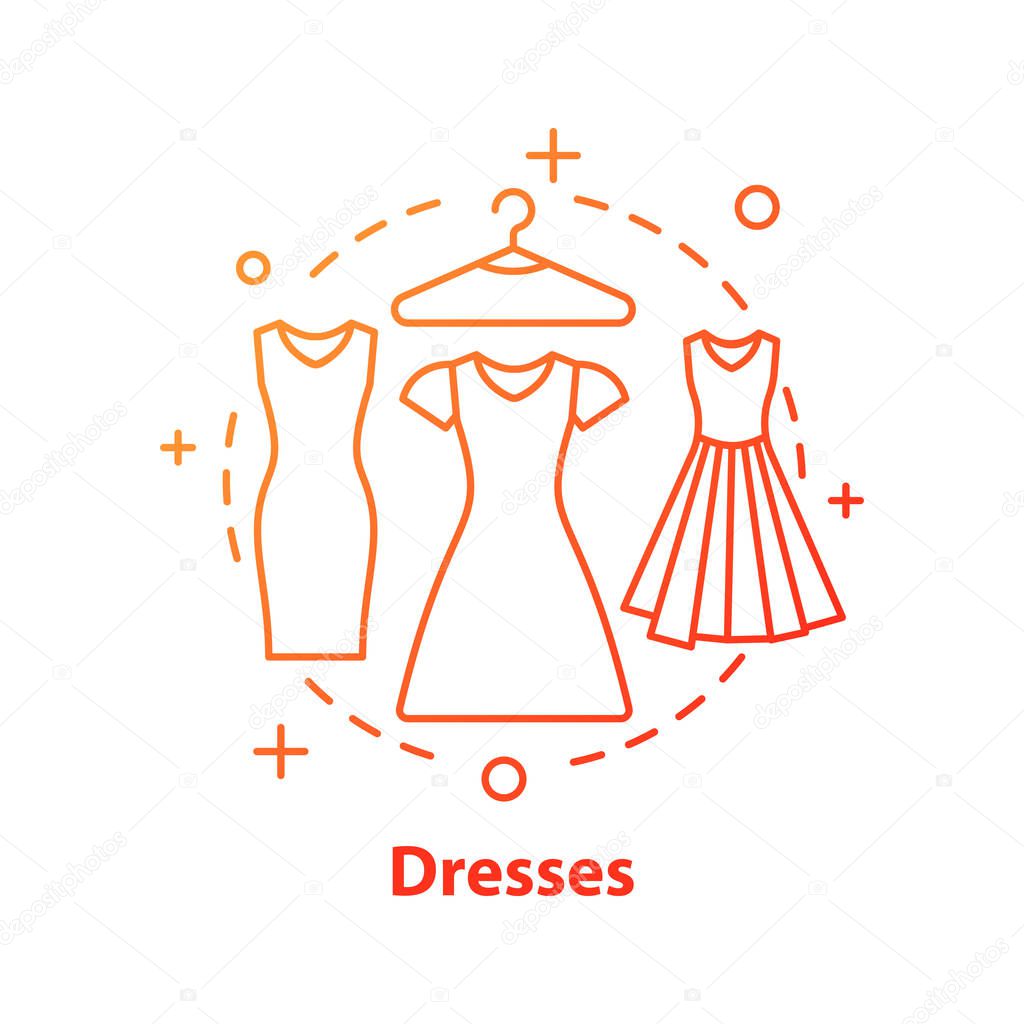 Dress concept icon. Evening gown. Formal wear. Women's fashion idea thin line illustration. Vector isolated outline drawing