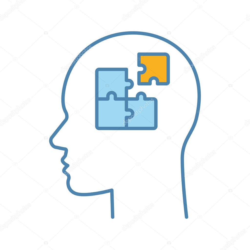 Solution color icon. Solve problem. Thinking process. Find solution. Resolve issue. Insight. Head with puzzles inside. Isolated vector illustration