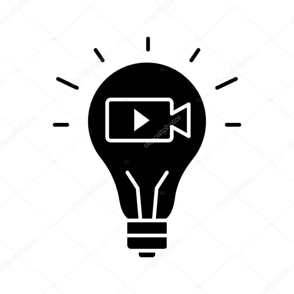Movie idea glyph icon. Cinematography. Film industry. Creative idea. Light bulb with movie camera inside. Silhouette symbol. Negative space. Vector isolated illustration