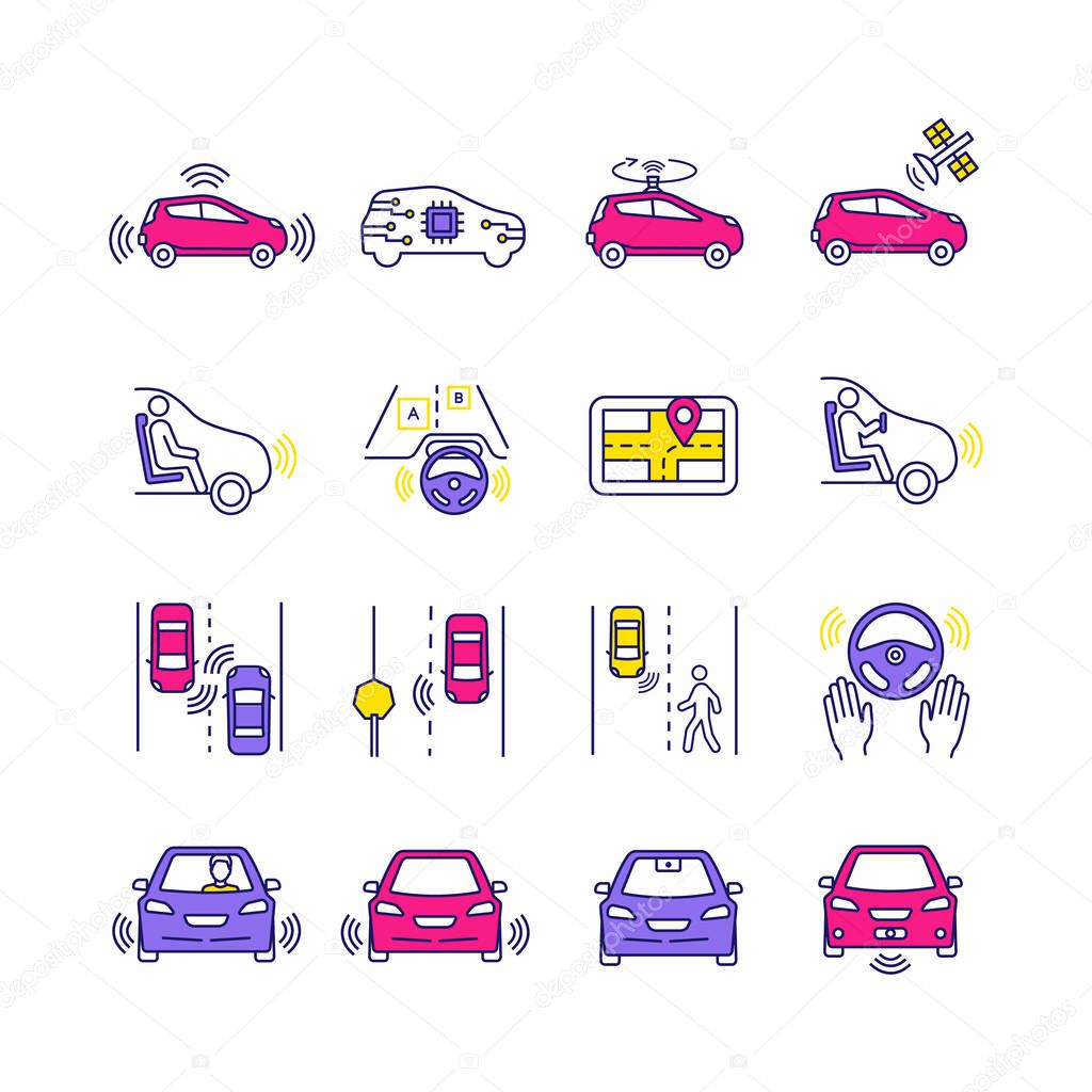 Autonomous car color icons set. Intelligent auto detecting other vehicles, road signs, pedestrians. Driverless car sensors. Self-driving automobile GPS. Isolated vector illustrations