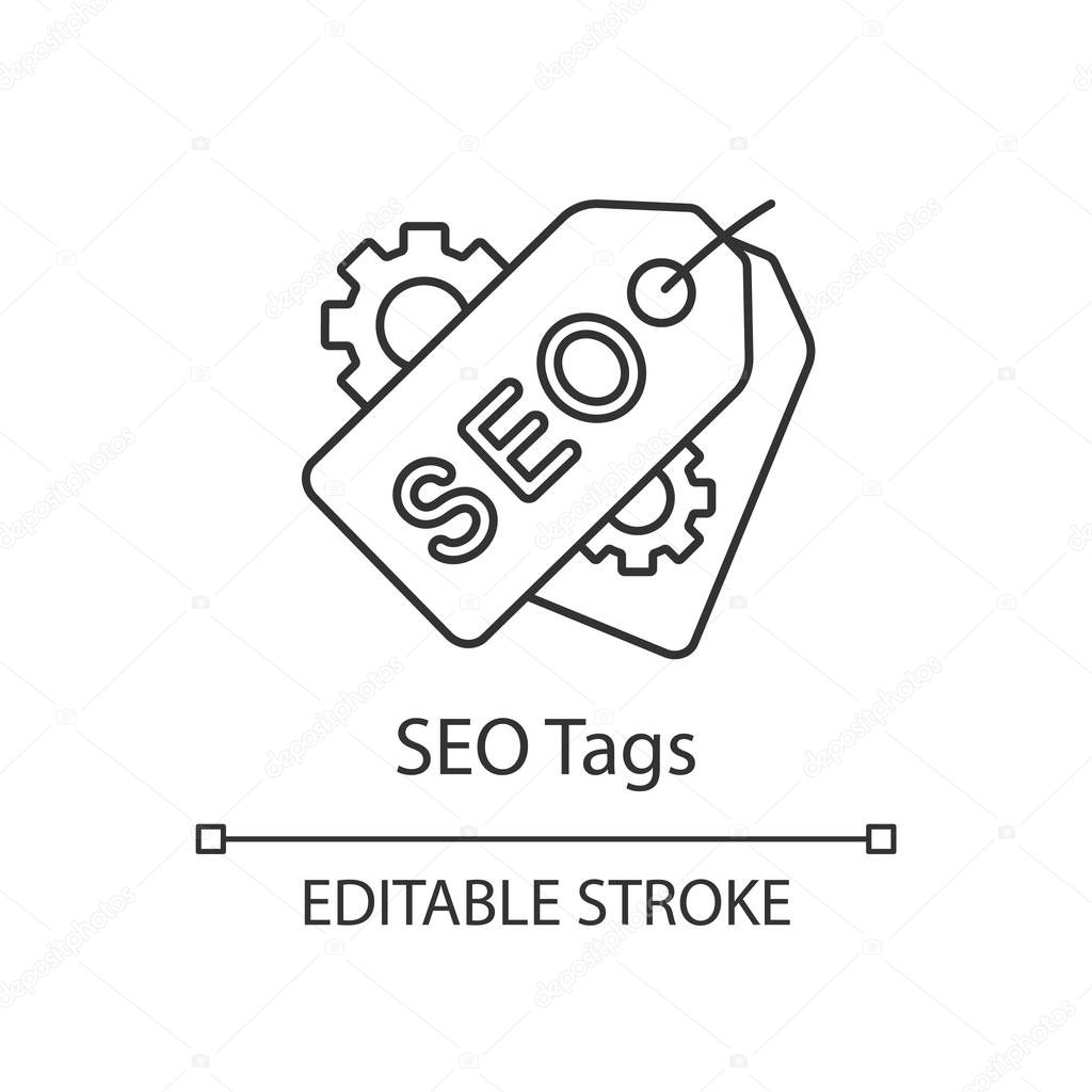SEO tags linear icon. Meta tags. Thin line illustration. Search optimization. SEO marketing. Label and cogwheels. Contour symbol. Vector isolated outline drawing. Editable stroke