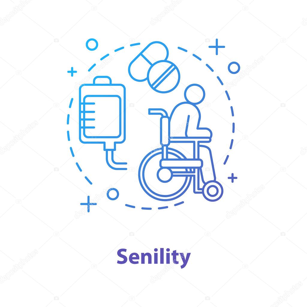 Senility concept icon. Disability. Elderly medical care idea. Thin line illustration. Old man in wheelchair, infusion drip and medication. Vector isolated outline drawing