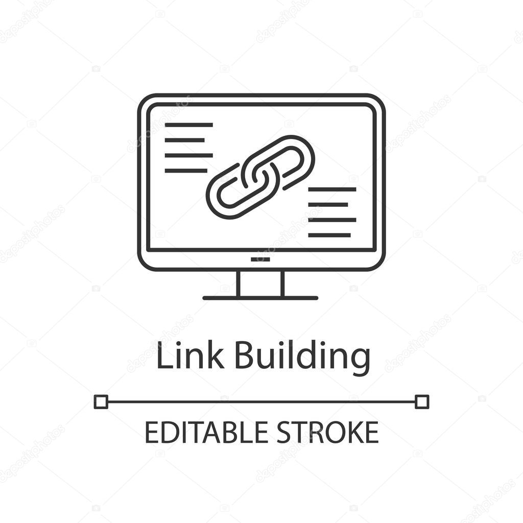 Link building linear icon. SEO. Thin line illustration. Link sharing. Using hyperlink. Computer display. Contour symbol. Vector isolated outline drawing. Editable stroke