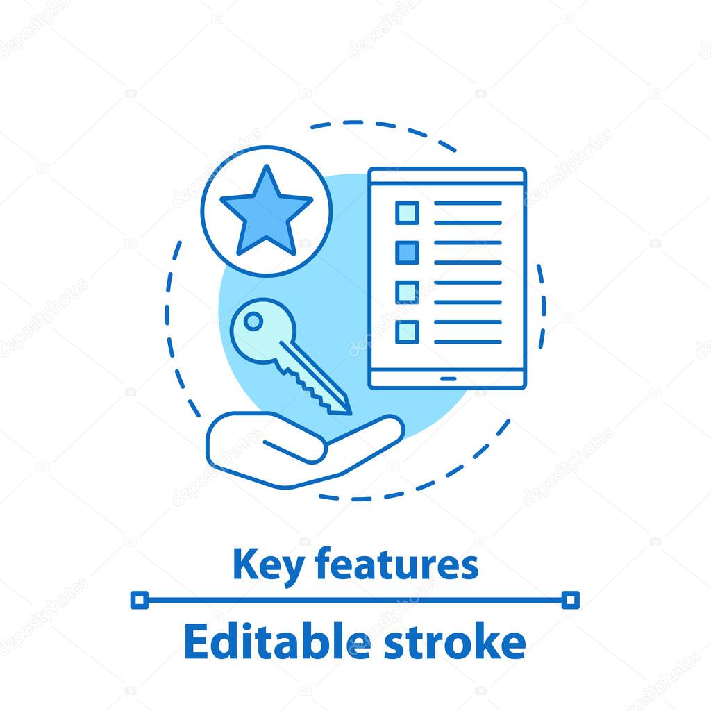 Key features concept icon. Authorization. Add to favorites. Additional information. Quality service idea thin line illustration. Vector isolated outline drawing. Editable stroke