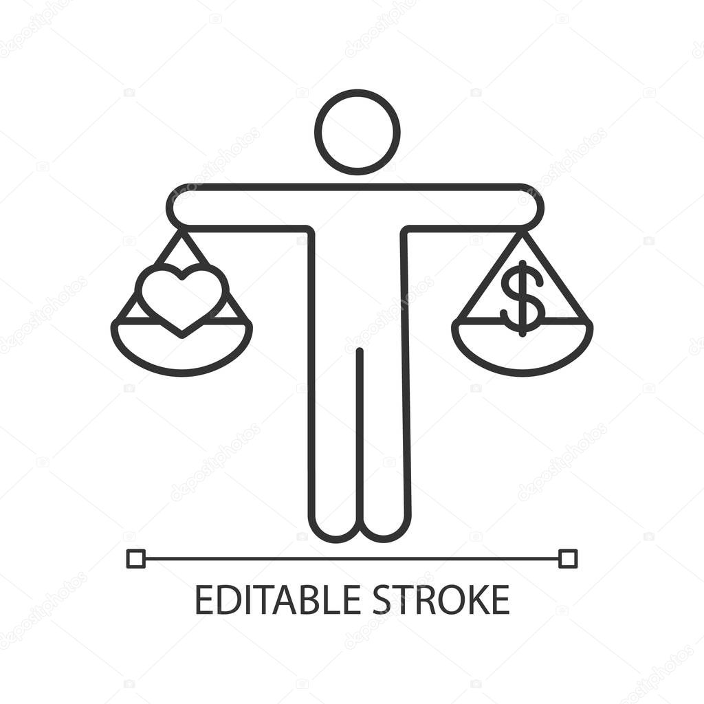 Business ethics linear icon. Dilemma. Love or money decision. Thin line illustration. Make choice. Honesty, morality. Scales of justice with dollar and heart. Vector isolated drawing. Editable stroke