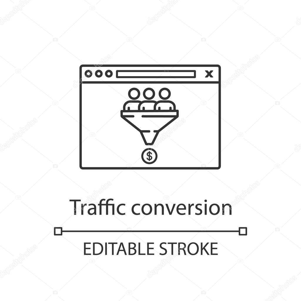Traffic conversion linear icon. Sales funnel. Thin line illustration. Internet marketing strategy. Customer filter. Conversion rate. Lead generation. Contour vector isolated outline drawing. Editable stroke