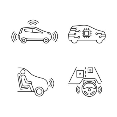 Özerk araba doğrusal Icons set. Sensörler, AI otomatik, tam otomasyon otomobil, özerk araba izleme nesnelerini. İnce çizgi kontur sembolleri. İzole vektör anahat çizimler. Düzenlenebilir kontur