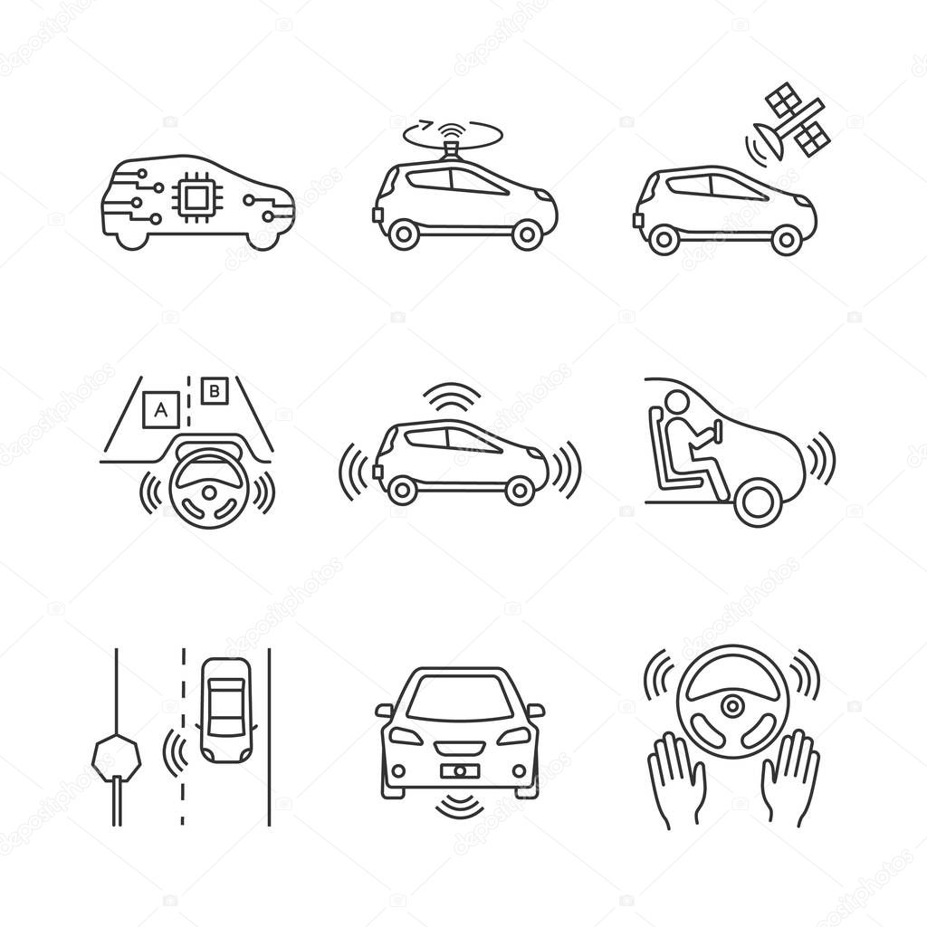 Autonomous car linear icons set. Self-driving automobile, LIDAR, satellite control. Sensors detecting road signs, other vehicles, pedestrians. Isolated vector outline illustrations. Editable stroke
