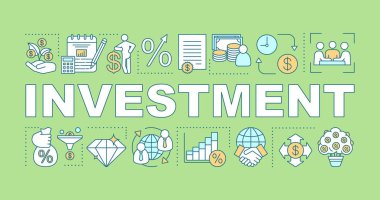 Yatırım kelime kavramları afiş. ROI. Tanıtım, Web sitesi. Risk sermayesi. Finansman ve finansman. tipografi fikir ile doğrusal kutsal kişilerin resmi yazı. Vektör anahat çizim