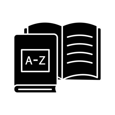 Yabancı dil kitap glif simgesi. Dil ders. Öğrenci çalışma kitabı. Eğitim materyalleri ve Kütüphane. Siluet simge. Negatif alan. Vektör çizim