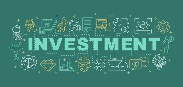 投資という言葉の概念のバナーです 投資収益率 プレゼンテーション ウェブサイト ベンチャー キャピタル 融資および資金調達 線形アイコンとタイポグラフィのアイデアをレタリングします ベクトルの概要図 — ストックベクタ