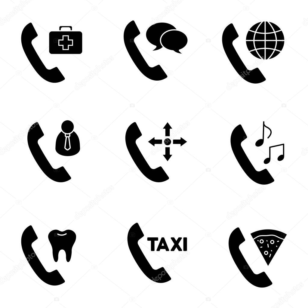 Phone services glyph icons set. Doctor appointment, phone talk, roaming, customer service, delivery, ringtone, dentistry call, taxi ordering, pizza delivery. Silhouette vector isolated illustration
