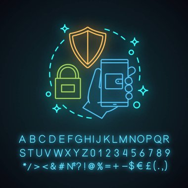 Ödeme güvenlik neon ışık kavramı simgesi. E-ödeme. Dijital Cüzdan. Güvenli para hareket fikir. Mobil bankacılık. Dijital yatırım. Parlayan alfabe, sayılar. İzole vektör çizim