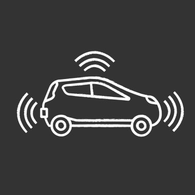 Yan görünüm tebeşir simgesi özerk arabaya. Sensörler sinyalleri ile akıllı araç. Zeki auto. Kendini otomobil sürüş. Sürücüsüz araç. İzole vektör kara tahta çizim